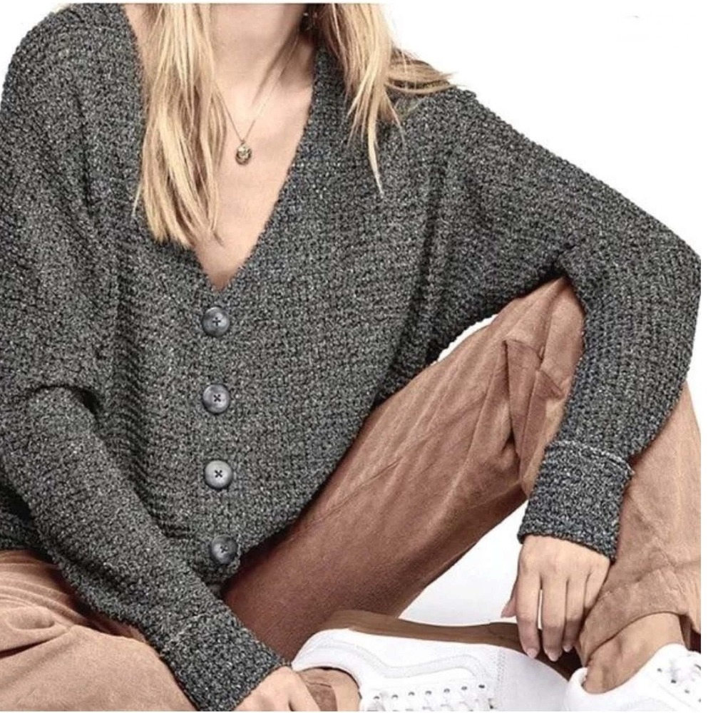 We The Free People Top Dog Waffle Knit Button Front Cardigan Size Small Charcoal
